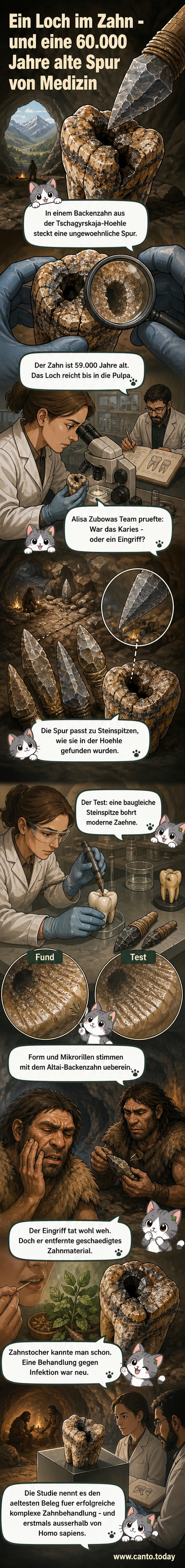 Rekonstruktion eines Neandertaler-Zahns mit Bohrspuren aus der Altai-Region, daneben eine Steinspitze als Bohrer.