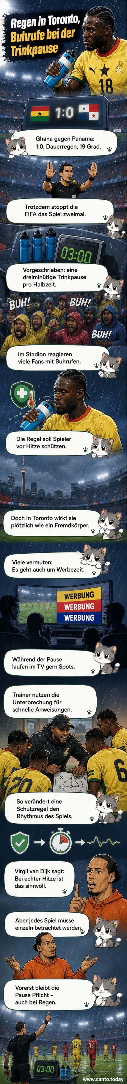 Fußballfans buhen während eines regnerischen WM-Spiels in Toronto, während auf dem Spielfeld die Trinkpause angezeigt wird.