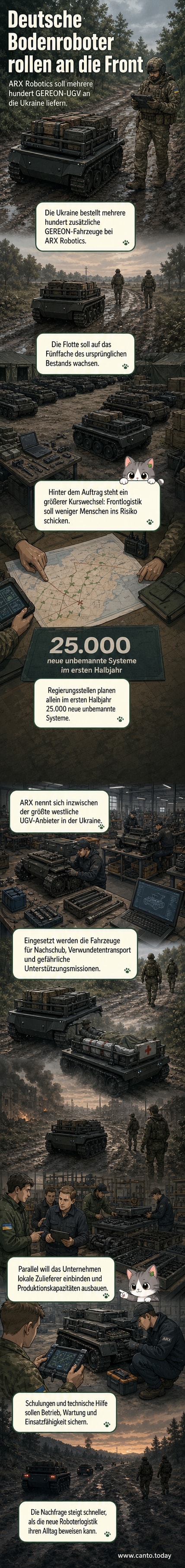 Ein GEREON unbemanntes Bodenfahrzeug fährt durch ein kahles, kriegsgezeichnetes Gelände in der Ukraine, begleitet von Soldaten im Hintergrund.