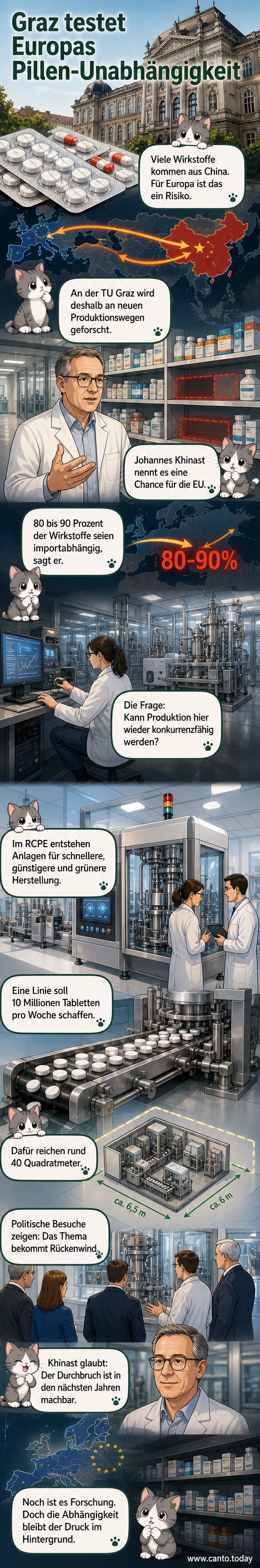 Labor an der TU Graz mit automatisierten Pharma-Produktionsanlagen und Forschern in Schutzkleidung.