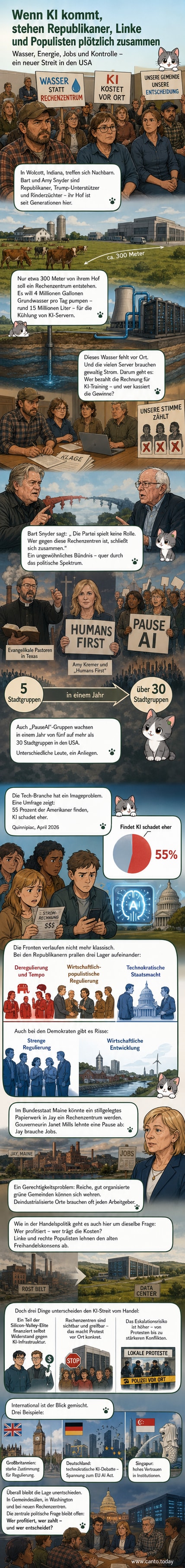 Eine ländliche US-Gemeinde protestiert gegen ein geplantes KI-Rechenzentrum, das große Mengen Wasser verbraucht. Im Hintergrund stehen Farmgebäude und Demonstranten mit Schildern.