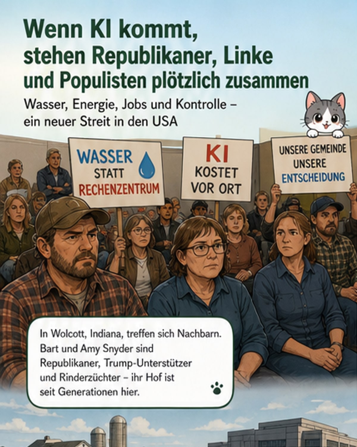 Eine ländliche US-Gemeinde protestiert gegen ein geplantes KI-Rechenzentrum, das große Mengen Wasser verbraucht. Im Hintergrund stehen Farmgebäude und Demonstranten mit Schildern.