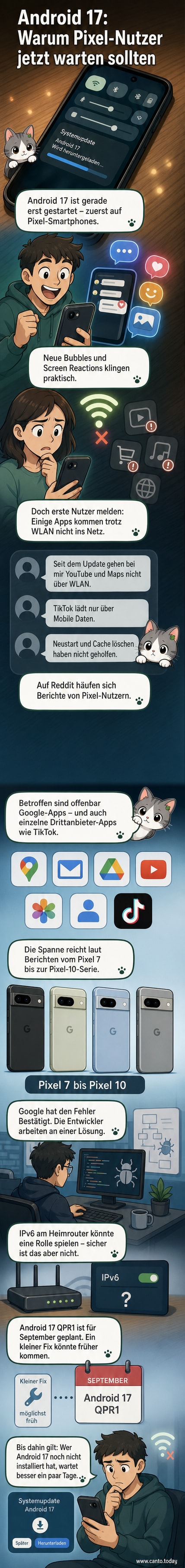 Ein Google Pixel Smartphone zeigt ein Warnsymbol neben dem WLAN-Icon nach dem Android 17 Update.