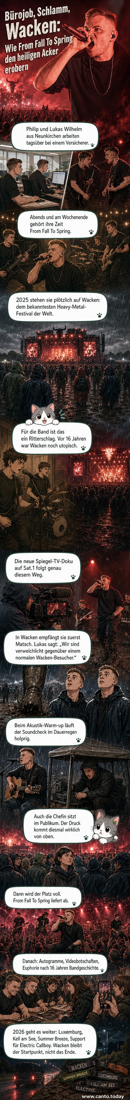 Zwei Musiker stehen auf einer Festivalbühne im Regen, hinter ihnen eine begeisterte Menge – die saarländische Band From Fall To Spring beim Auftritt bei Wacken Open Air.