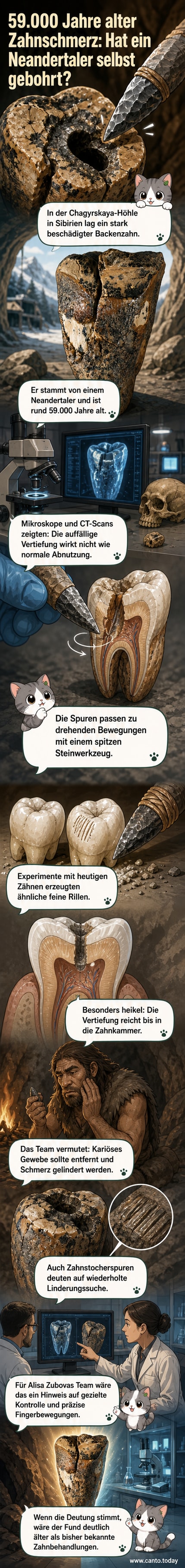 Ein stark vergrößerter menschlicher Zahn mit sichtbaren Bohrspuren, daneben eine schematische Darstellung eines Neandertalers, der mit einem Steinwerkzeug einen Zahn bearbeitet.