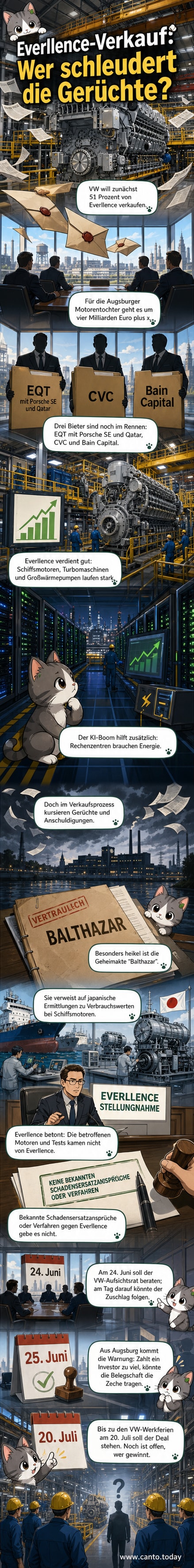 Illustration einer Wäscherei mit Aktenstapeln statt Wäsche, symbolisch für die Enthüllungen rund um den Bieterkampf um Everllence.