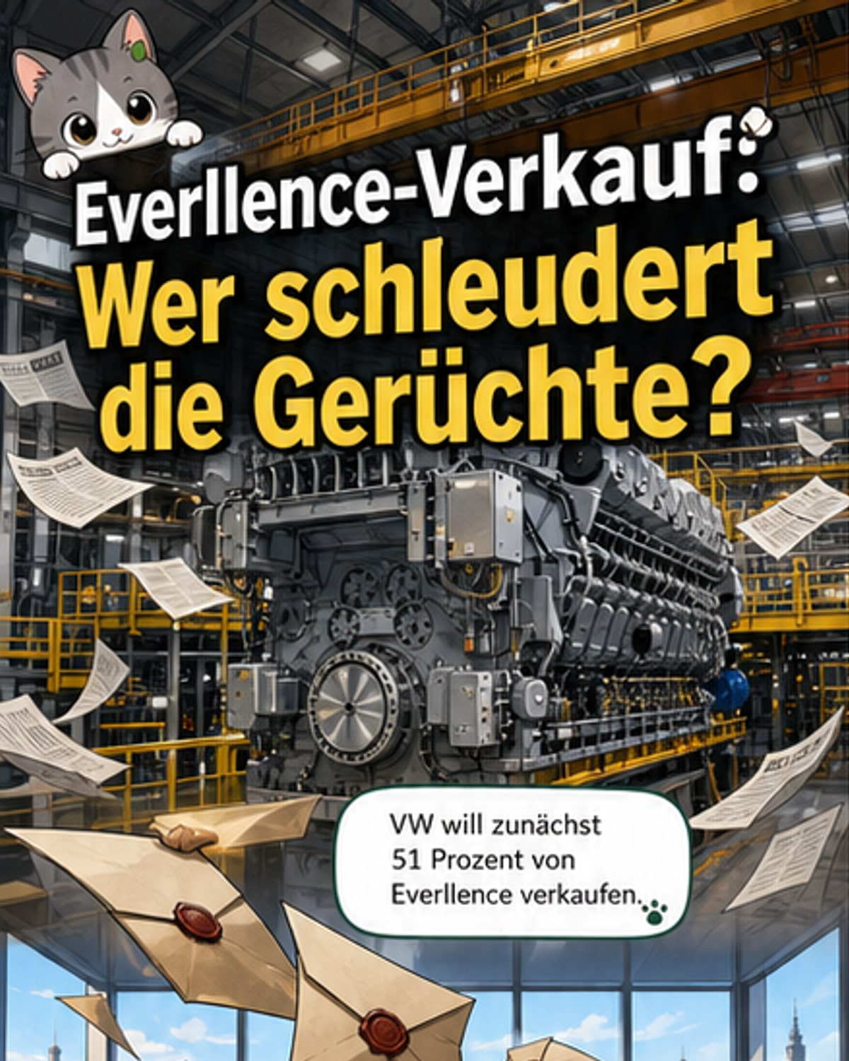 Illustration einer Wäscherei mit Aktenstapeln statt Wäsche, symbolisch für die Enthüllungen rund um den Bieterkampf um Everllence.