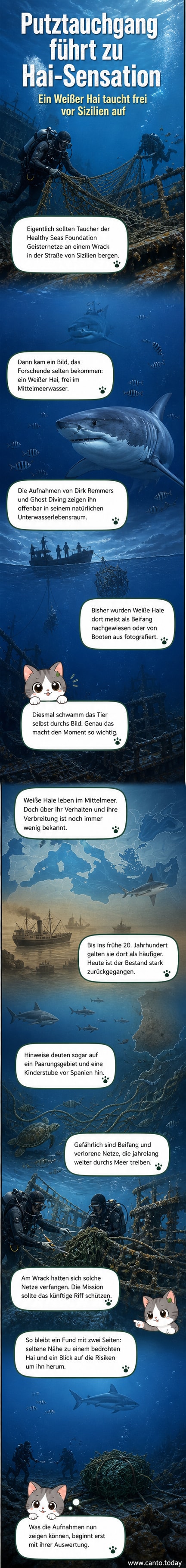 Ein Weißer Hai schwimmt im klaren Blau des Mittelmeers, begleitet von kleineren gestreiften Fischen, während verlorene Fischernetze im Hintergrund an einem Schiffswrack hängen.