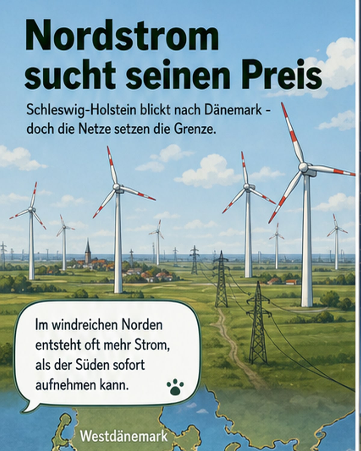 Windkraftanlagen stehen an einem Feld in Schleswig-Holstein, im Hintergrund bewölkter Himmel.