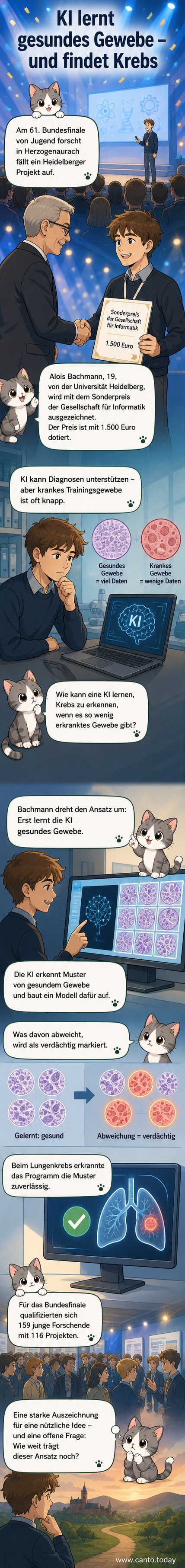 Ein junger Forscher analysiert Zellenbilder auf einem Bildschirm, daneben ein schematisches neuronales Netzwerk, das gesundes und krankes Gewebe vergleicht.