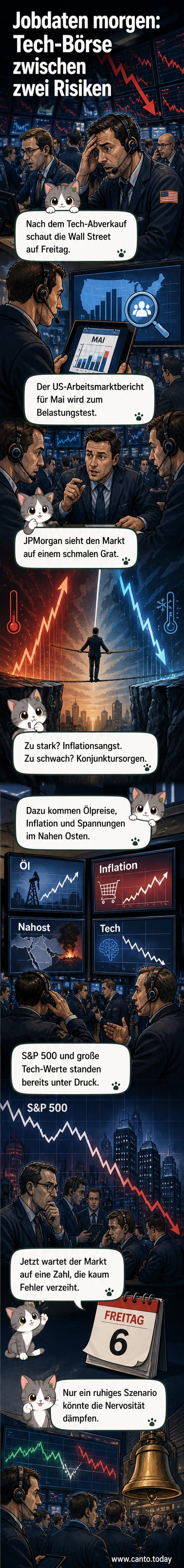 Abstrakte Darstellung eines wackelnden Aktienmarktdiagramms mit Tech-Logos im Hintergrund, während ein Kalender auf den Freitag mit dem Arbeitsmarktbericht zeigt.