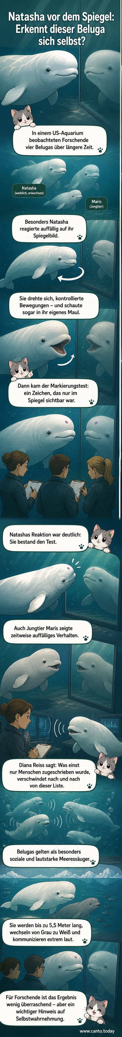 Ein Beluga-Wal schaut in einen Spiegel, während Forschende sein Verhalten beobachten.