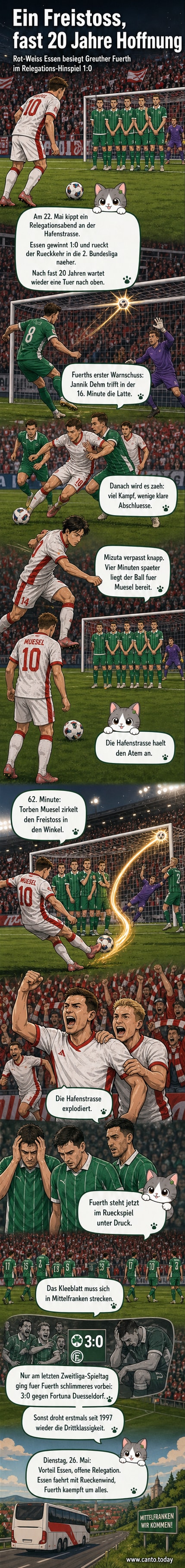 Fußballspiel zwischen Rot-Weiss Essen und Greuther Fürth, Spieler feiern nach einem Freistoßtor unter Flutlicht