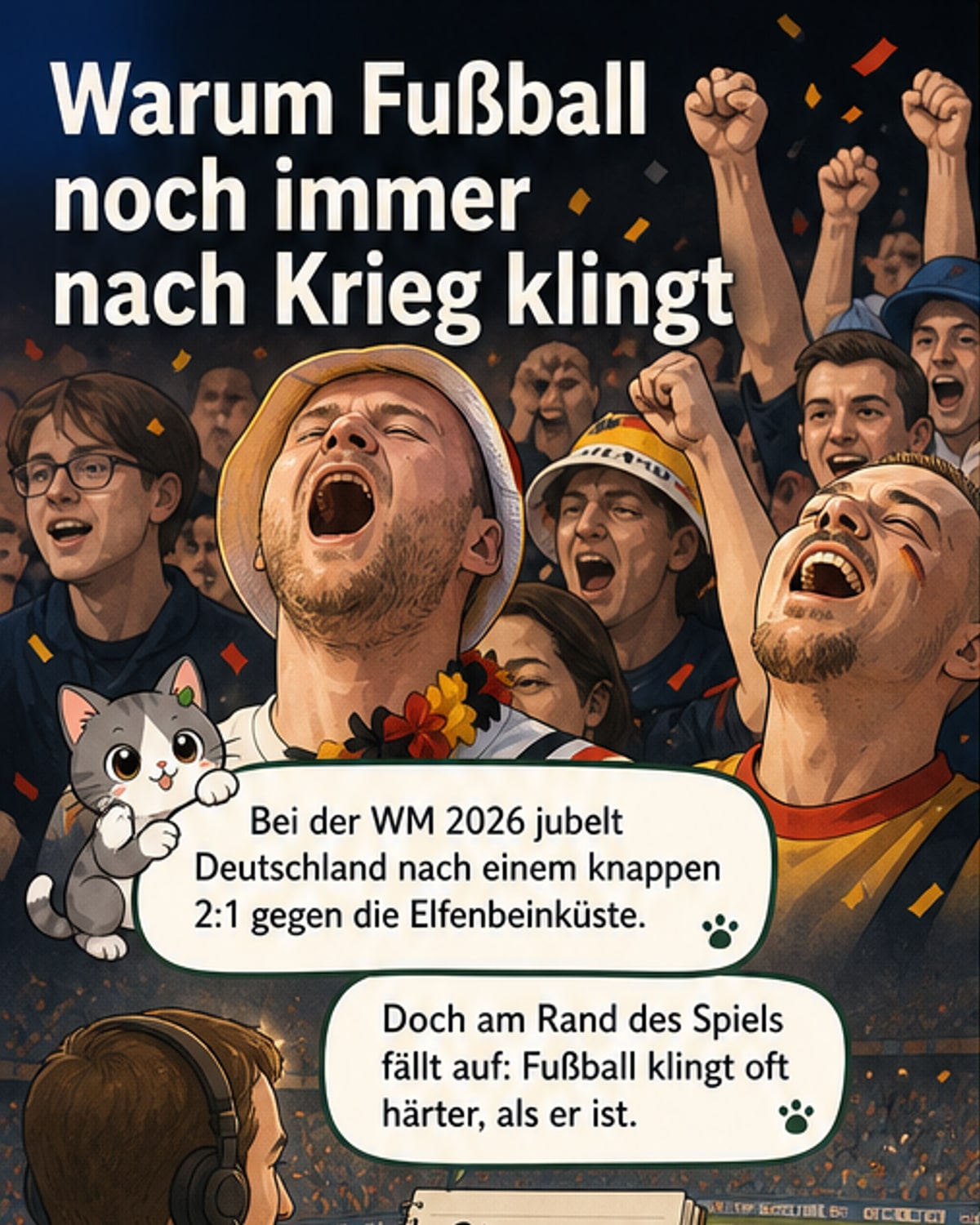 Ein Fußballspieler im Stadion, umgeben von militärischen Symbolen wie Kanonen und Schilden, die die sprachliche Verbindung zwischen Krieg und Fußball visualisieren.