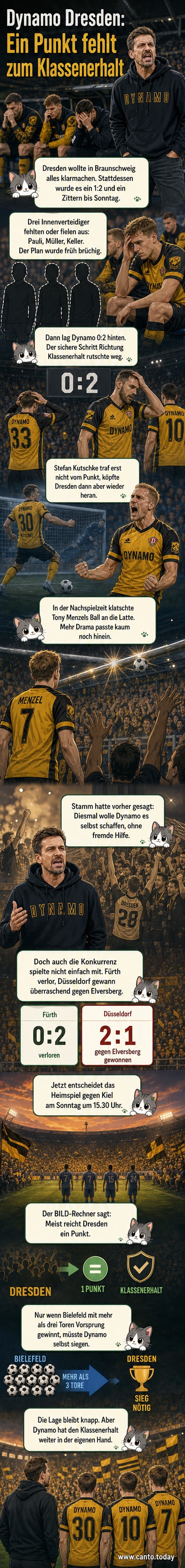 Fußballspiel im Rudolf-Harbig-Stadion, Dynamo Dresden im grünen Trikot, Spieler heben die Arme nach einem Tor, Zuschauer jubeln im Hintergrund.