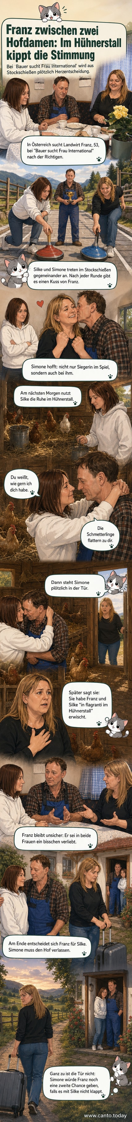 Zwei Frauen im Streit um einen Mann auf einem Bauernhof, im Hintergrund ein Hühnerstall.