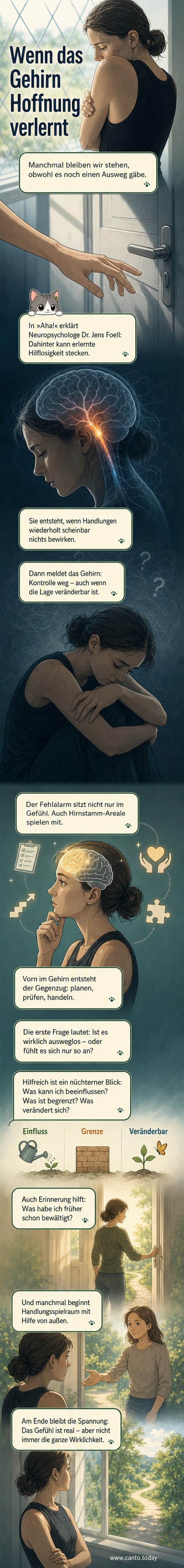 Eine Person sitzt reglos in einem dunklen Raum, während draußen ein Fluchtweg sichtbar bleibt. Ein neuronales Netz im Hintergrund zeigt Aktivität im Hirnstamm, während der vordere Cortex schwach leuchtet.