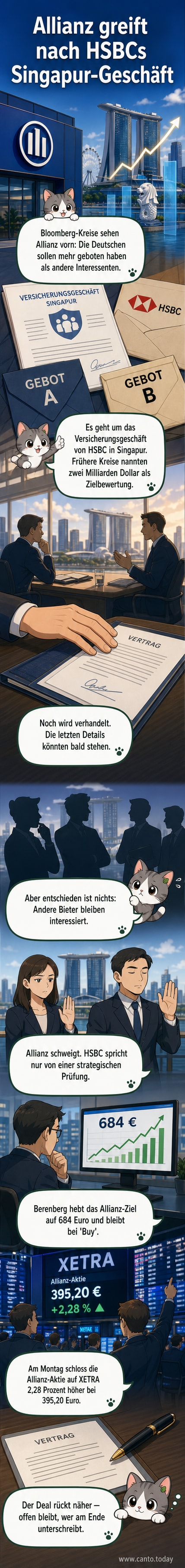 Zwei Firmenlogos – Allianz und HSBC – vor einem Hintergrund aus Finanzgrafiken und asiatischer Skyline, symbolisierend eine geplante Übernahme im Versicherungssektor in Singapur.