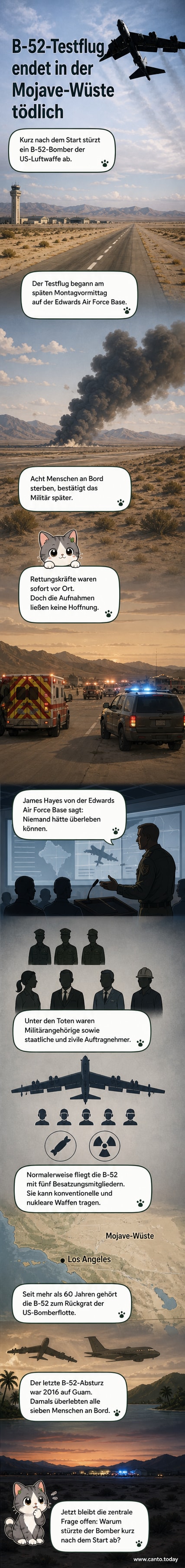 Absturzstelle eines B-52-Bombers in der Wüste von Kalifornien, Rauch steigt aus den Trümmern auf.