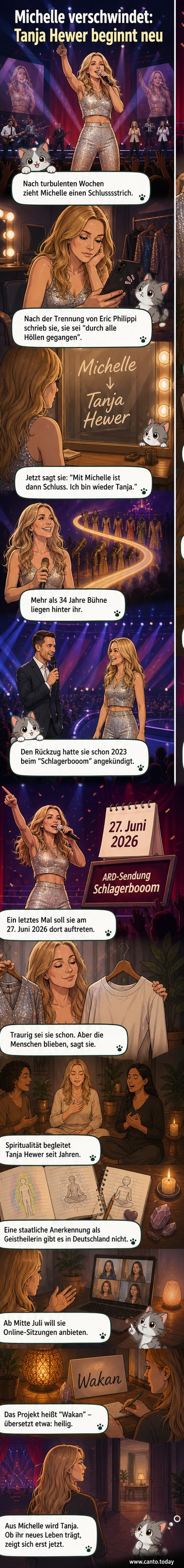 Eine stilisierte Abbildung von Michelle auf der Bühne, die ein Mikrofon niederlegt, während im Hintergrund ein sanftes Licht einen Übergang zu einer ruhigen, spirituellen Szene andeutet.