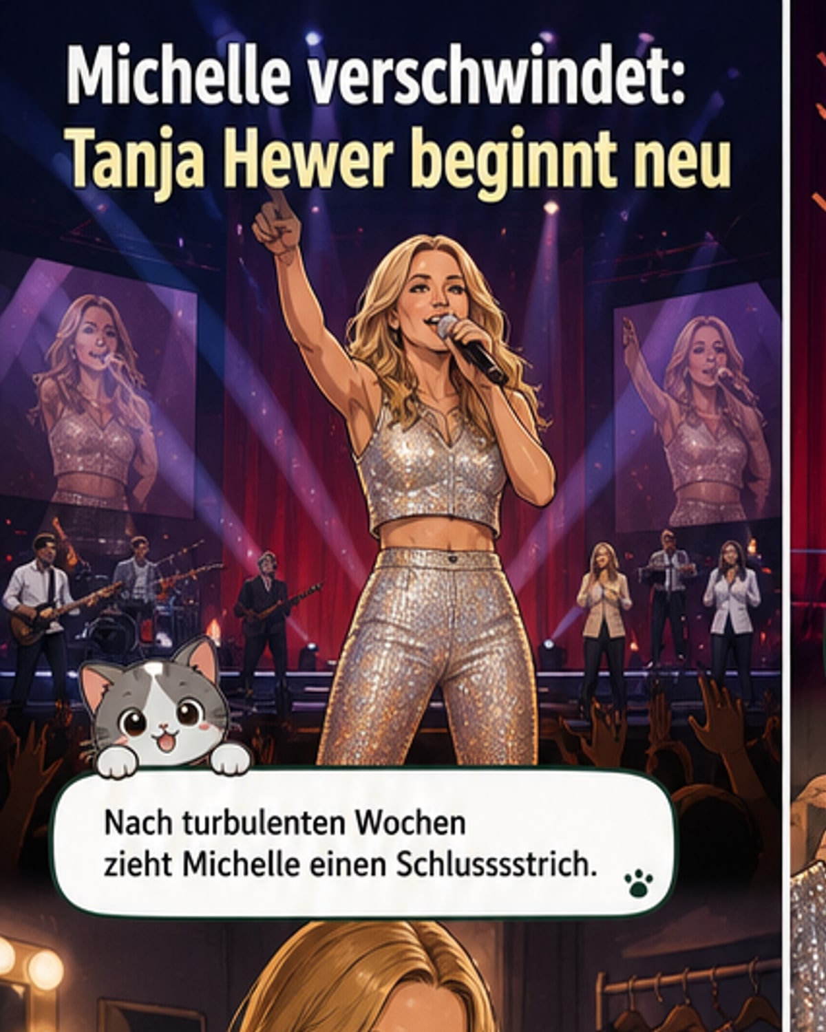 Eine stilisierte Abbildung von Michelle auf der Bühne, die ein Mikrofon niederlegt, während im Hintergrund ein sanftes Licht einen Übergang zu einer ruhigen, spirituellen Szene andeutet.