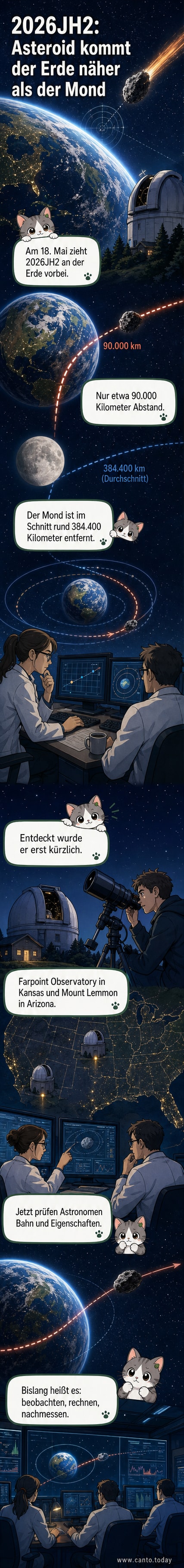 Illustration eines Asteroiden, der in geringer Distanz an der Erde vorbeizieht, während der Mond weiter entfernt im Hintergrund zu sehen ist.