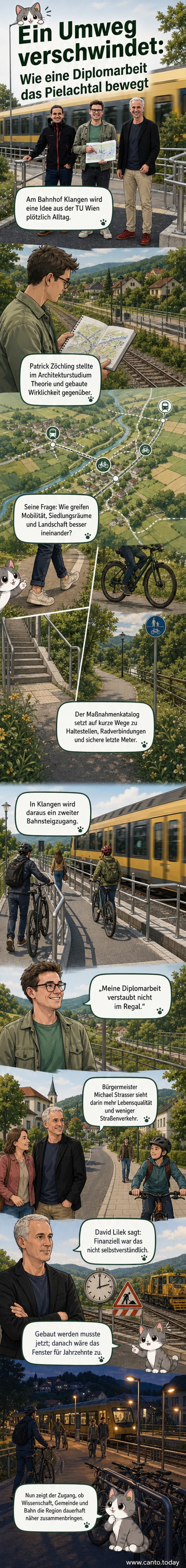 Visualisierung des neuen Bahnsteigzugangs in Klangen mit Fuß- und Radwegen, eingebettet in die Landschaft des Pielachtals.