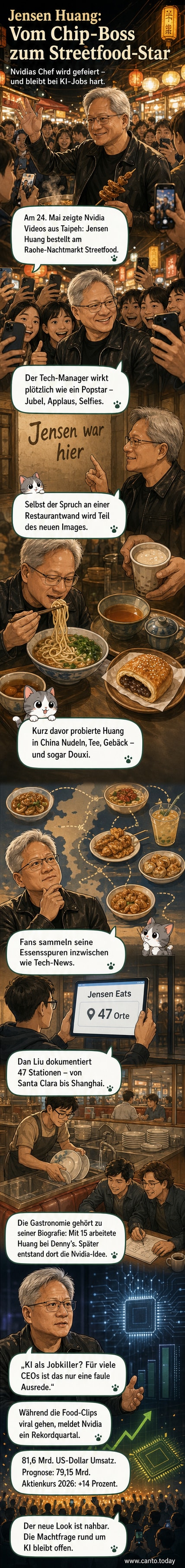 Jensen Huang, CEO von Nvidia, in schwarzer Lederjacke, posiert lächelnd an einem Straßenimbiss in Taipeh, umgeben von Fans und Essenständen.