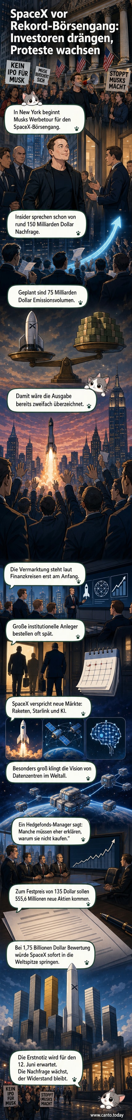 Illustration eines SpaceX-Raketenstarts mit Satelliten und einem zukünftigen Weltraum-Rechenzentrum im Hintergrund, Investor-Symbole leuchten im Orbit.