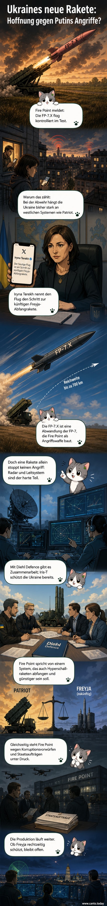 Illustration einer rosa Rakete, die von einem Feld aus startet, mit schematischer Darstellung eines Abwehrsystems im Hintergrund.