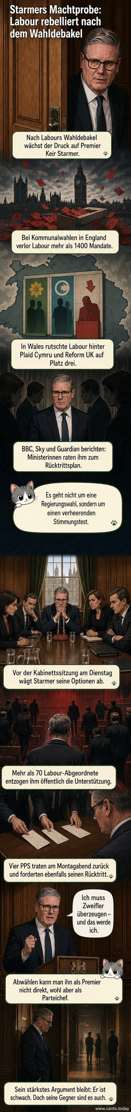 Premierminister Keir Starmer steht vor Mikrofonen, im Hintergrund Plakate mit Parteilogo. Ein Schild mit der Aufschrift 'Rücktritt' ist sichtbar.
