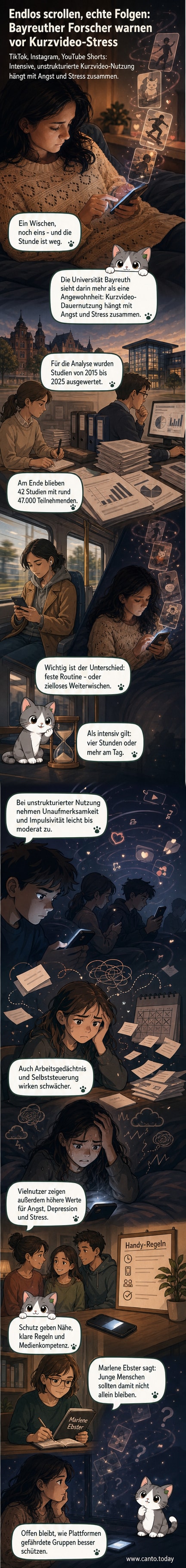 Person scrollt abends im Bett durch ein Handy mit Kurzvideoplattformen, im Hintergrund schematische Anzeige von Stress- und Aufmerksamkeitskurven