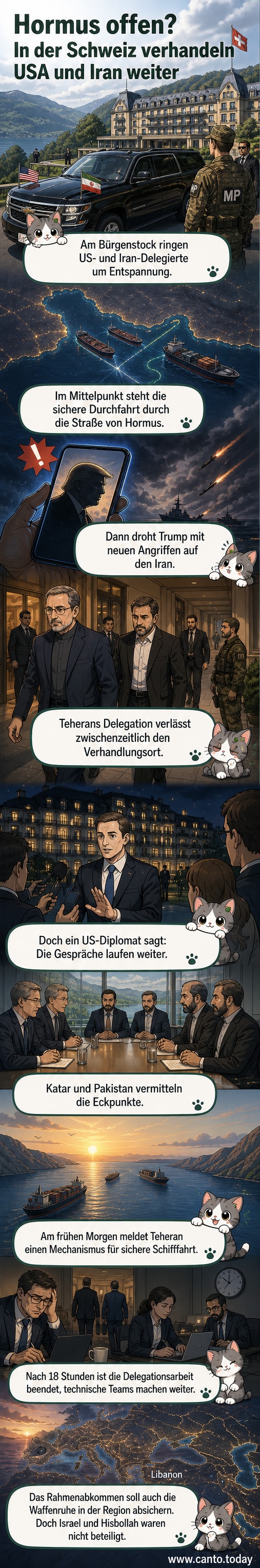 Iranische und amerikanische Delegationen verhandeln im Luxushotel Bürgenstock in der Schweiz, während im Hintergrund die Alpen sichtbar sind.
