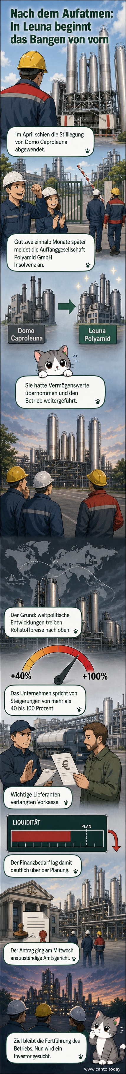 Archivaufnahme eines Chemiewerks mit Rohrleitungen und Tanks, überlagert mit Text zur Insolvenz der Polyamid GmbH in Leuna.