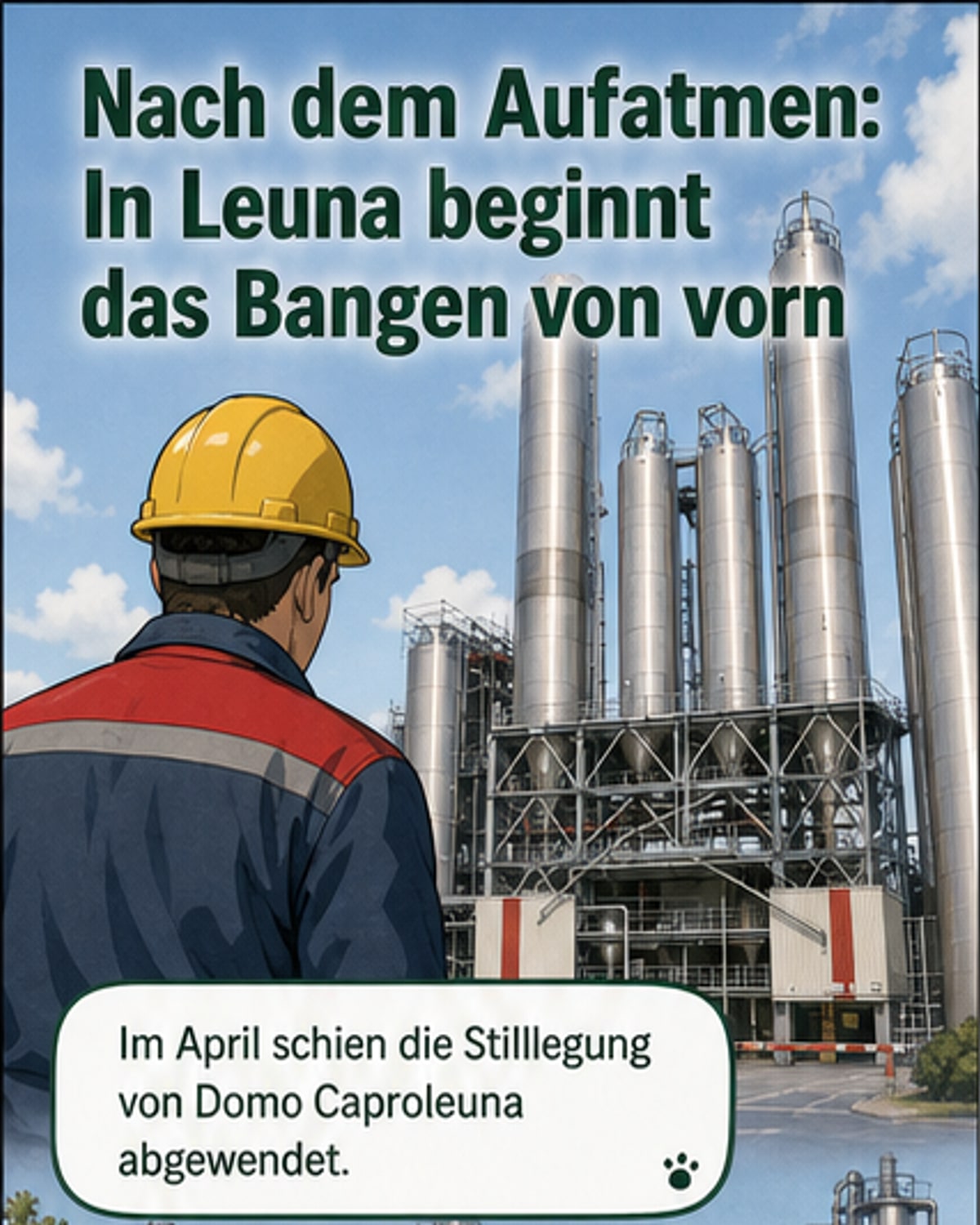 Archivaufnahme eines Chemiewerks mit Rohrleitungen und Tanks, überlagert mit Text zur Insolvenz der Polyamid GmbH in Leuna.
