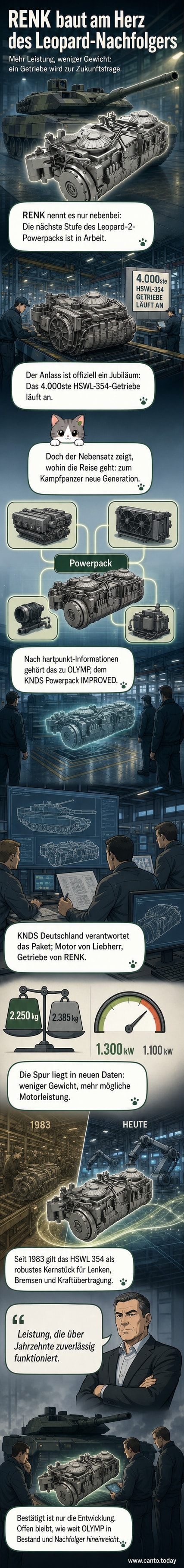 Technische Zeichnung eines modernen Panzergetriebes mit Kennzeichnung der Leistungssteigerung und Gewichtsreduktion