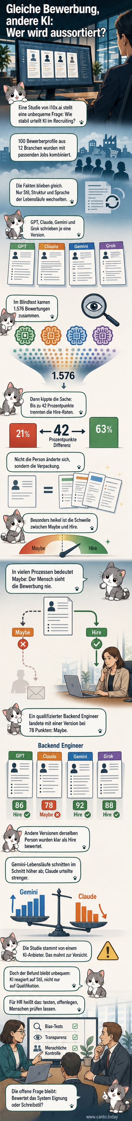 Ein KI-Bild zeigt zwei identische Personen, die sich auf dem Papier unterscheiden: ein Lebenslauf im kreativen Stil und einer im klassischen Format, bewertet von verschiedenen KI-Systemen mit unterschiedlichen Ergebnissen.