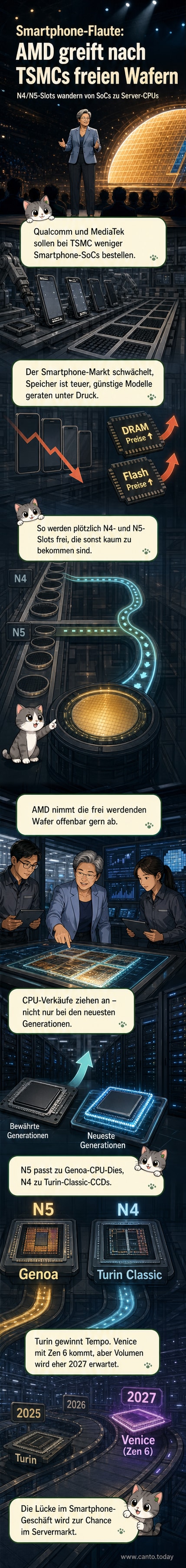 Illustration einer Chip-Fabrik mit AMD-Logo und TSMC-Schriftzug, Wafer werden von einem Roboterarm weitergeleitet, im Hintergrund sinkende Smartphone-Verkäufe und steigende Server-CPU-Produktion.