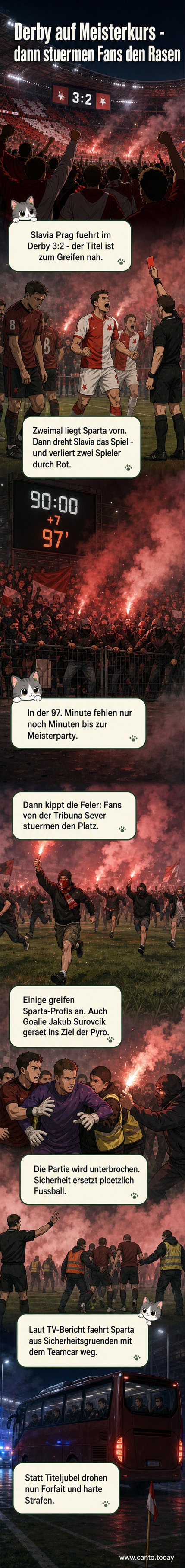 Chaotische Szene auf dem Fußballplatz: Slavia-Fans stürmen das Feld, werfen Rauchbomben, einige greifen Sparta-Spieler an – Spielabbruch in Prag.