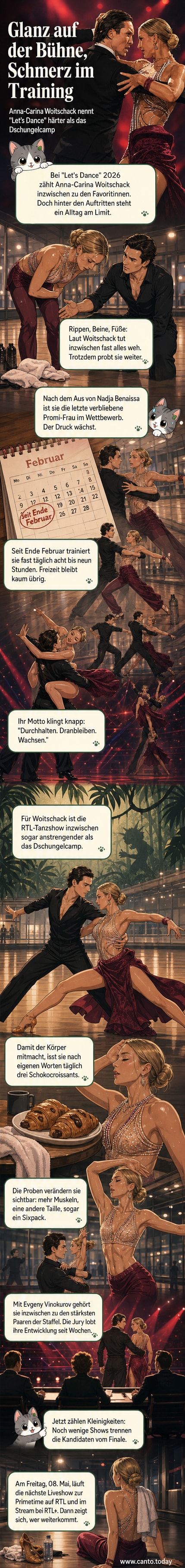 Anna-Carina Woitschack tanzt auf der Bühne von Let’s Dance, umgeben von Lichteffekten, mit schmerzverzerrtem Gesichtsausdruck.