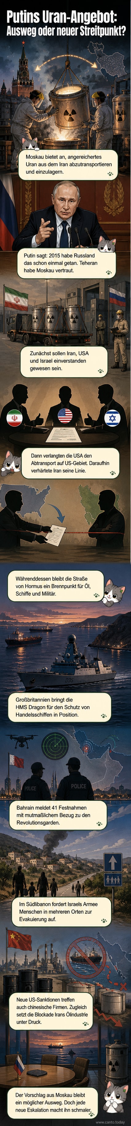 Illustration eines russischen Frachtschiffs, das Uran aus dem Iran übernimmt, während US- und israelische Schiffe in der Ferne warten.