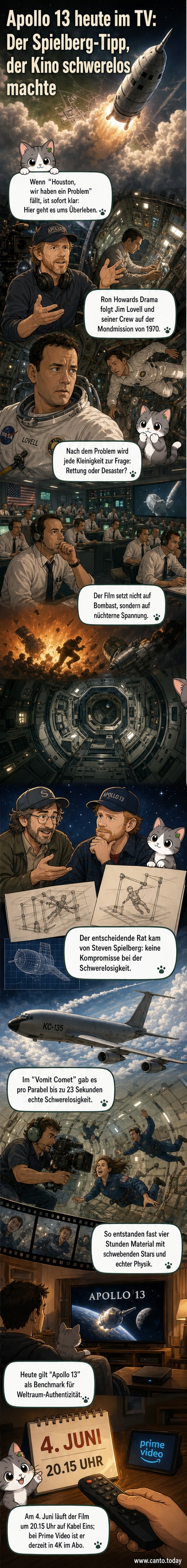 Tom Hanks als Astronaut Jim Lovell in 'Apollo 13', schwebend in der Kapsel während eines Parabelflugs – echte Schwerelosigkeit auf Film festgehalten.