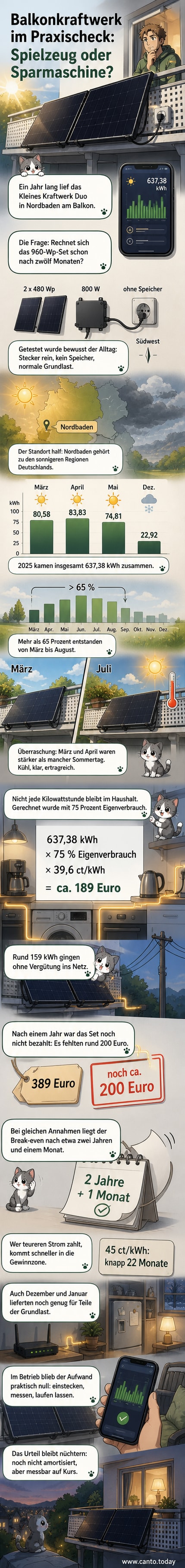 Zwei schwarze Solarmodule auf einem Balkongeländer mit Blick auf ein Wohngebiet, daneben ein Smartphone-Display mit Echtzeit-Daten zur Stromerzeugung.