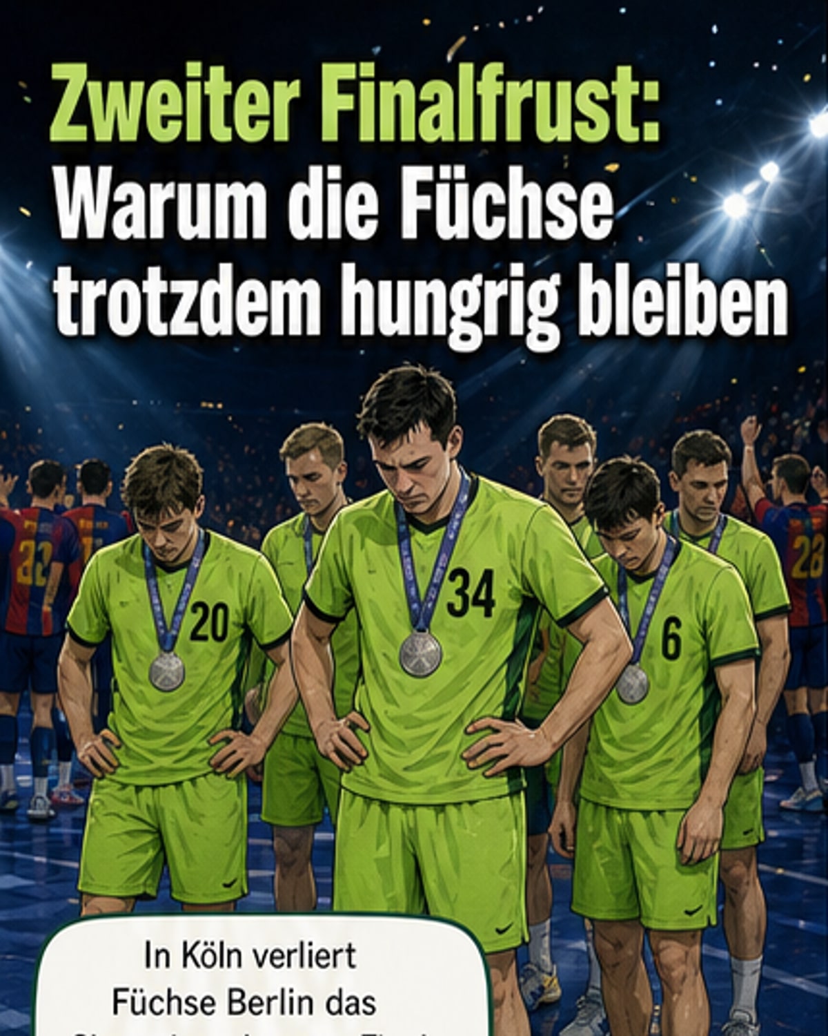 Füchse Berlin-Spieler nach der Niederlage im Champions-League-Finale, Trainer Nicolej Krickau im Hintergrund.