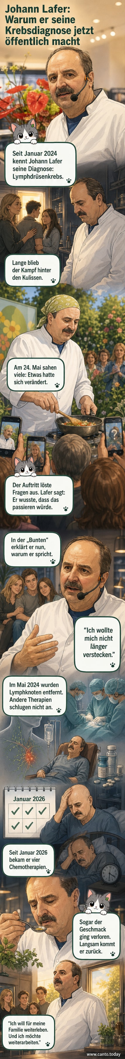 Johann Lafer im April 2026 bei einer Veranstaltung, mit Bandana und ohne Bart, deutlich dünner als früher.