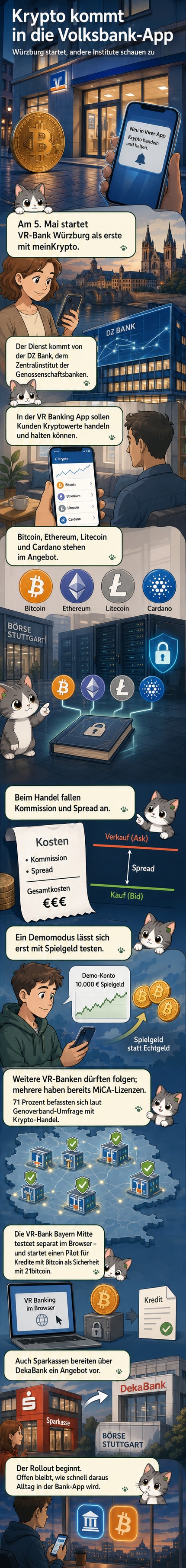 Illustration einer Smartphone-App mit Krypto-Handelsfunktion, umgeben von Symbolen für Bitcoin, Ethereum und die Börse Stuttgart