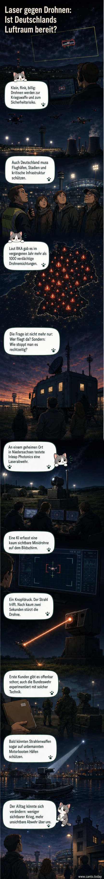 Ein Laserstrahl trifft eine kleine Drohne am Himmel, die daraufhin abstürzt – visualisiert in einem realistischen Szenario auf einem Feld in Deutschland.