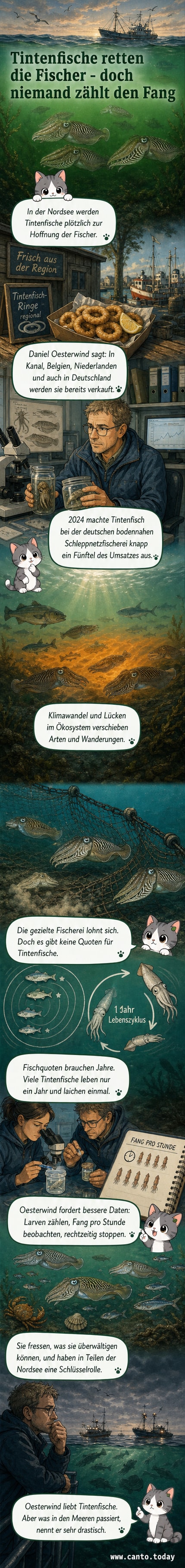 Ein Tintenfisch schwimmt in der Nordsee; im Hintergrund ein Fischkutter. Symbolisiert die neue Dynamik in einem sich erwärmenden Ökosystem.