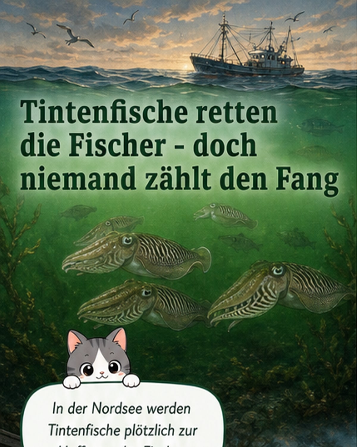 Ein Tintenfisch schwimmt in der Nordsee; im Hintergrund ein Fischkutter. Symbolisiert die neue Dynamik in einem sich erwärmenden Ökosystem.