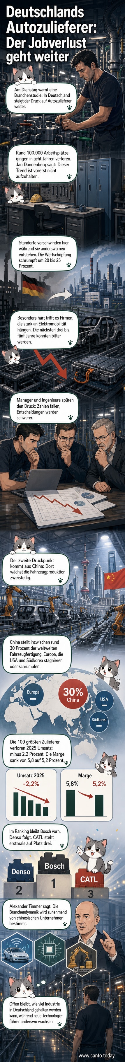Illustration einer schrumpfenden Fabrik mit niedrigem Licht, darin Arbeiter verlassen das Gelände, während im Hintergrund chinesische Konkurrenten mit neuen Anlagen expandieren.